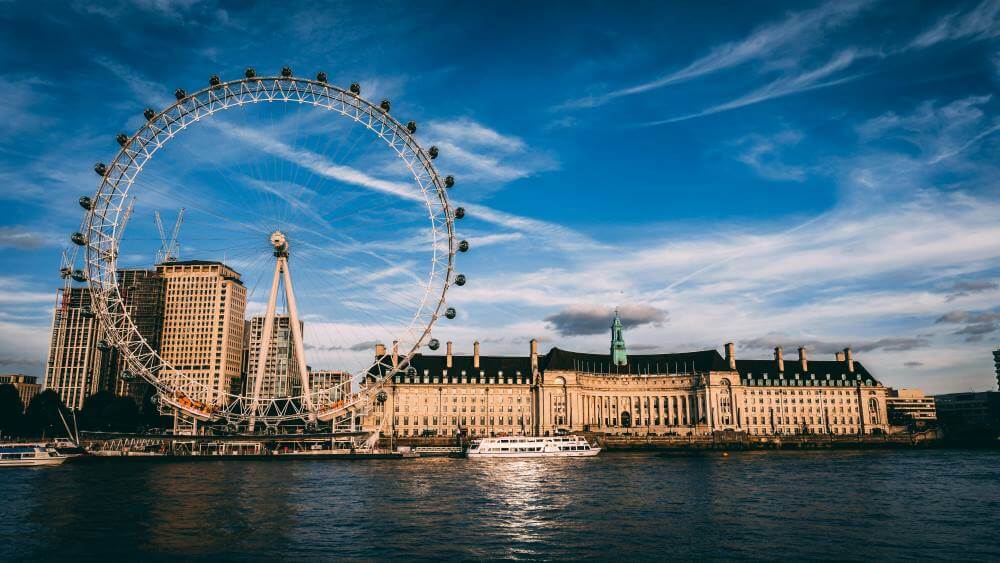The London Eye and County Hall beside the River Thames.
